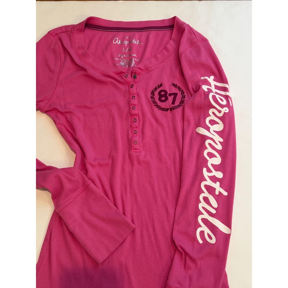 Aeropostale Pink Ribbed Henley Long Sleeve Graphic Shirt 87 Logo Large - Picture 5 of 6